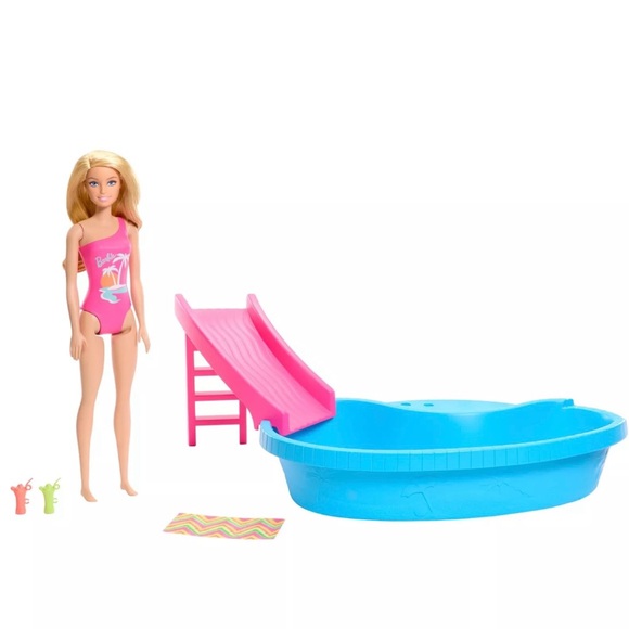 Barbie Doll and Pool Playset, Blonde in Tropical Pink One-Piece Swimsuit New - Picture 3 of 5